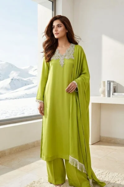 Apple Green Silk – Embroidered 3 Piece Luxury Suit