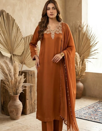 Caramel Brown Silk – Embroidered 3 Piece Luxury Suit