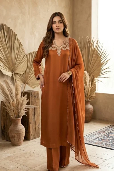 Caramel Brown Silk – Embroidered 3 Piece Luxury Suit