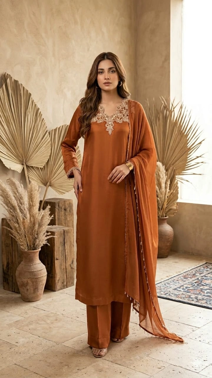 Caramel Brown Silk – Embroidered 3 Piece Luxury Suit