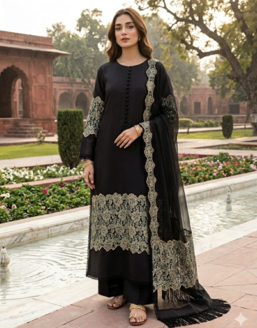 Gold Bloom Black – Embroidered 3 Piece Luxury Suit