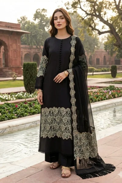 Gold Bloom Black – Embroidered 3 Piece Luxury Suit