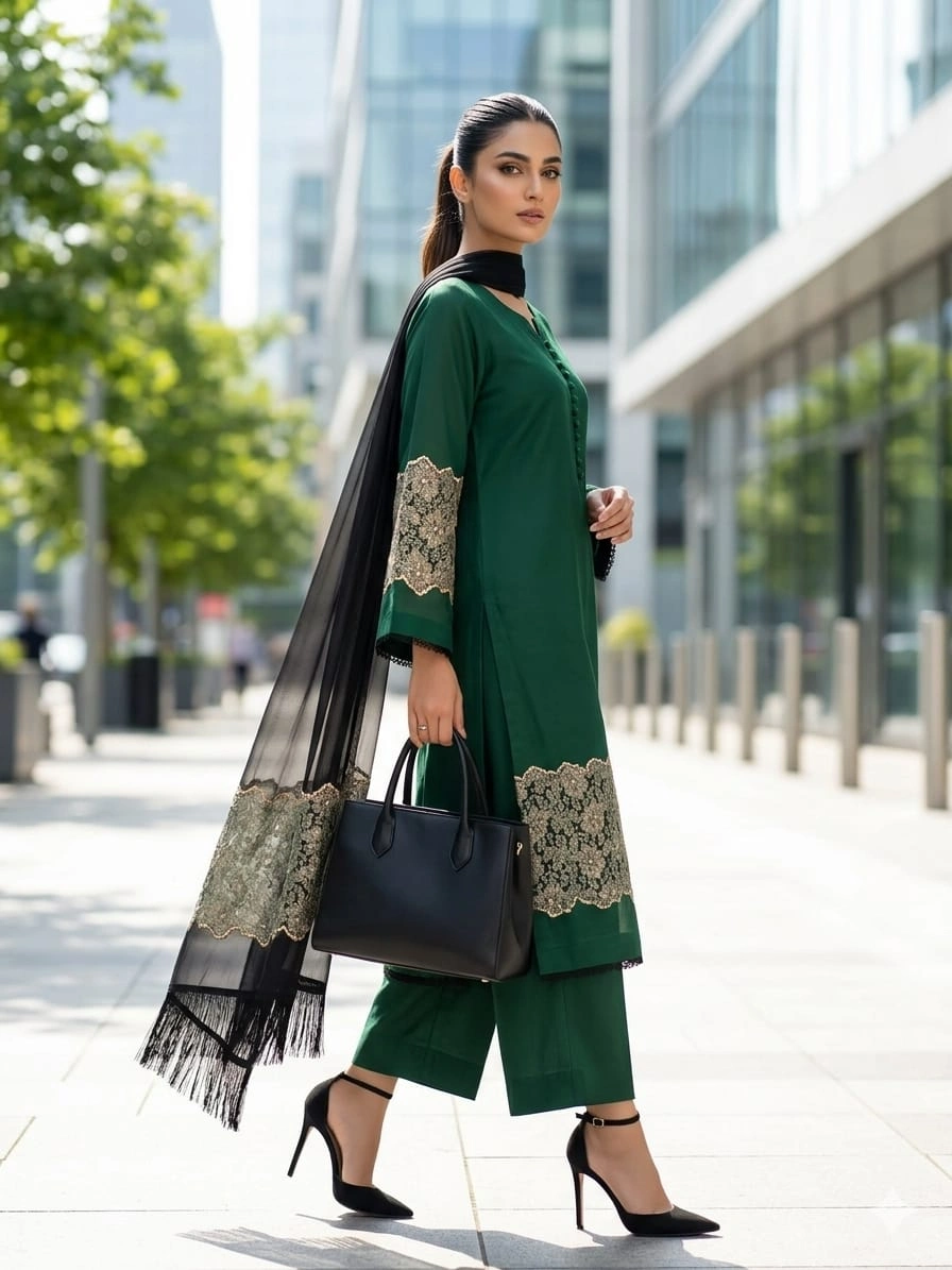 Gold Bloom Green – Embroidered 3 Piece Formal Suit