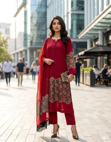 Ruby Red – Embroidered 3 Piece Luxury Suit