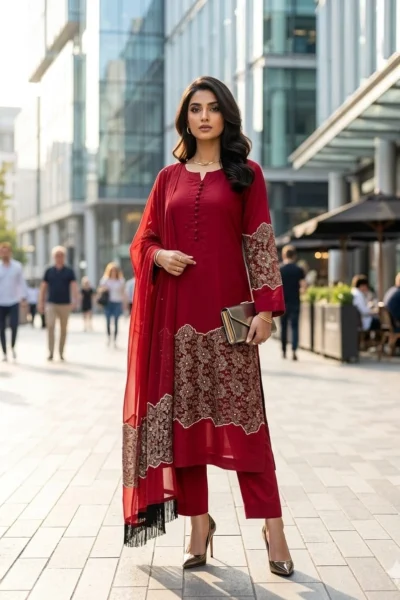 Ruby Red – Embroidered 3 Piece Luxury Suit