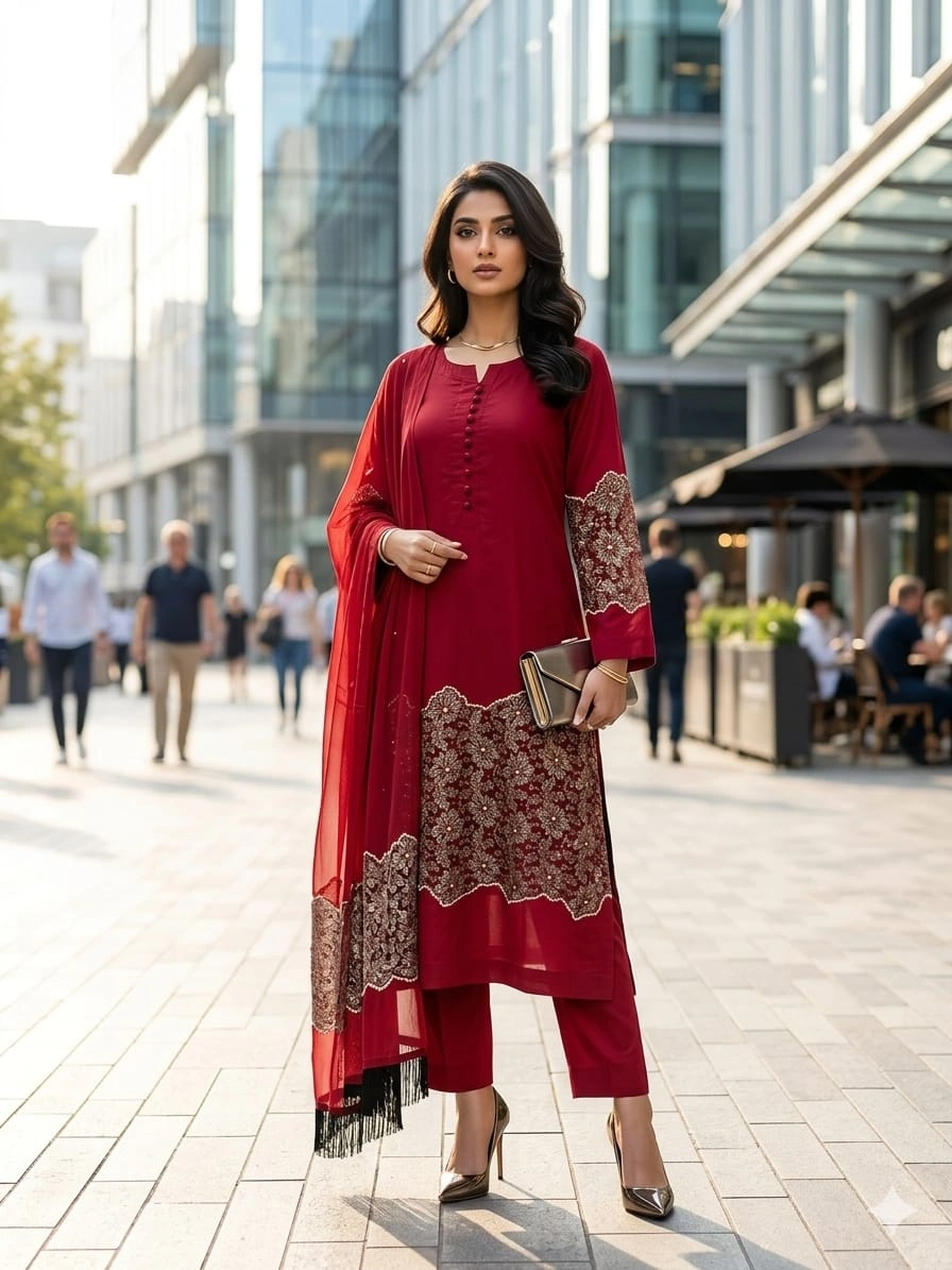 Ruby Red – Embroidered 3 Piece Luxury Suit
